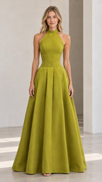 Front full-length view of model wearing olive green halter pleated maxi evening gown