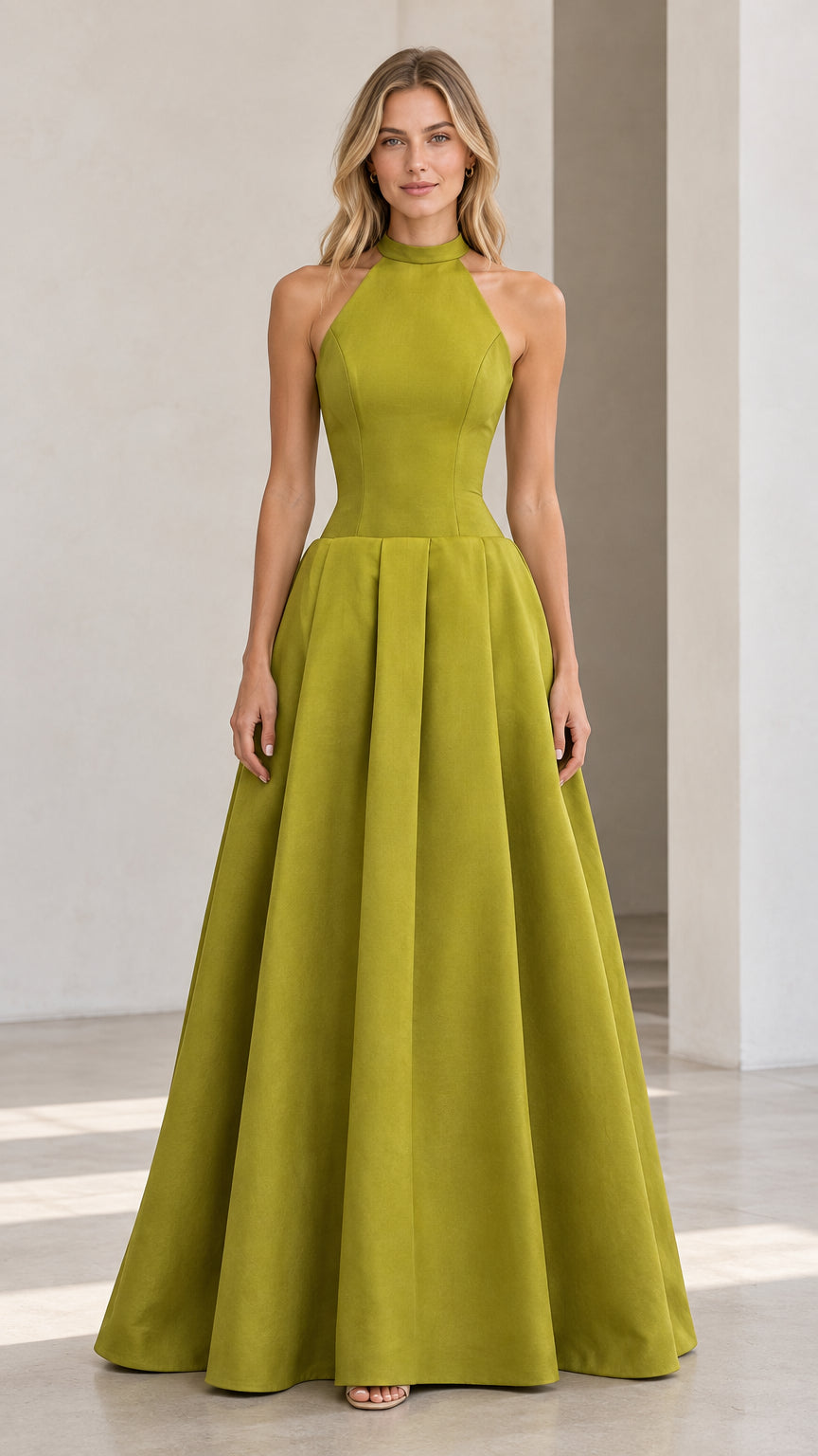 Front full-length view of model wearing olive green halter pleated maxi evening gown