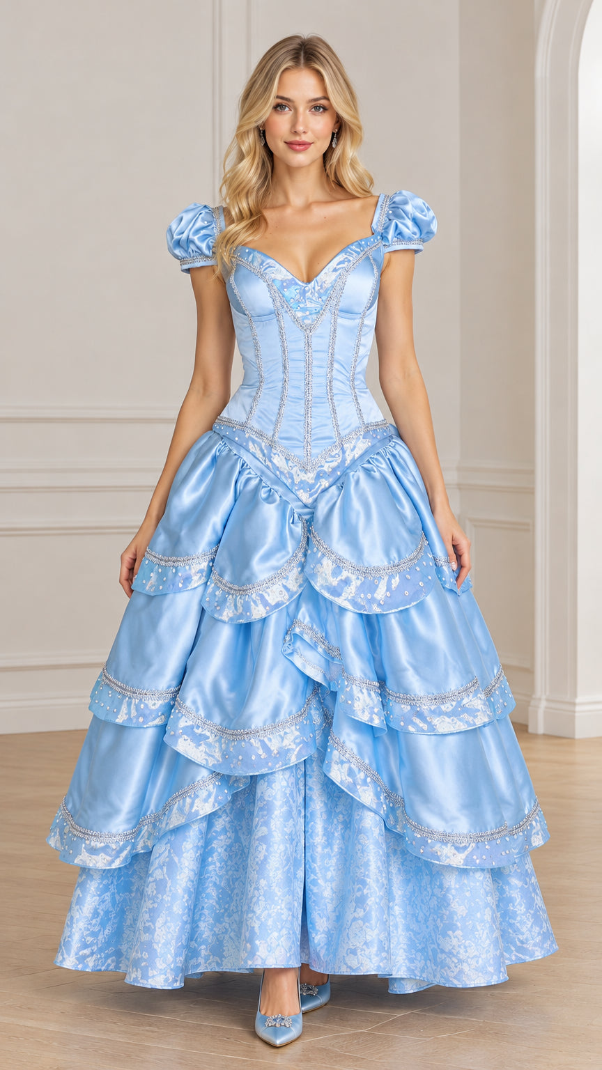 Front view of model wearing light blue Victorian corset ball gown with tiered ruffle skirt