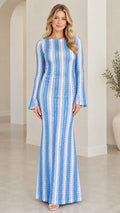 Front view of model wearing Blue Multi chevron knit bell sleeve maxi dress