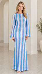 Front view of model wearing Blue Multi chevron knit bell sleeve maxi dress