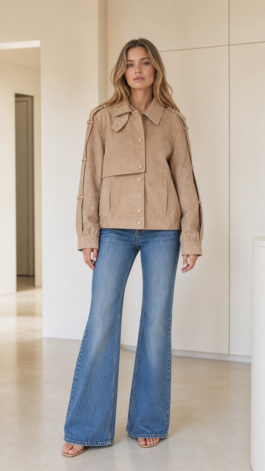 Front full-body view of model wearing camel faux suede cropped utility jacket with flare jeans