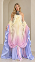 Front full view of pastel ombre draped halter maxi dress with metallic collar and shawl drapery