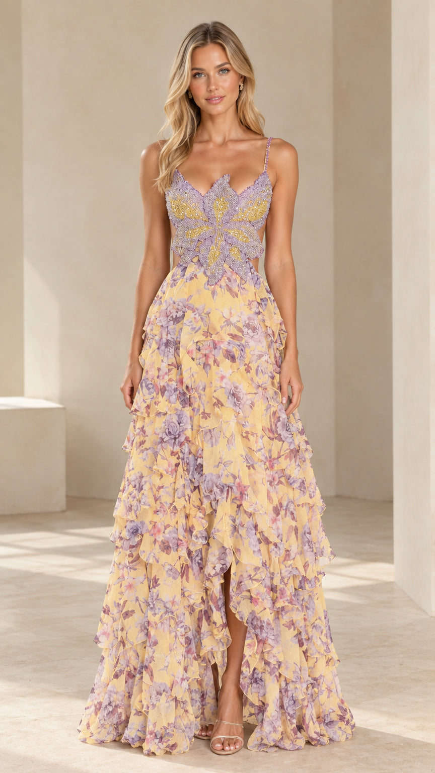 Front view of model wearing yellow floral butterfly beaded bodice tiered ruffle maxi dress