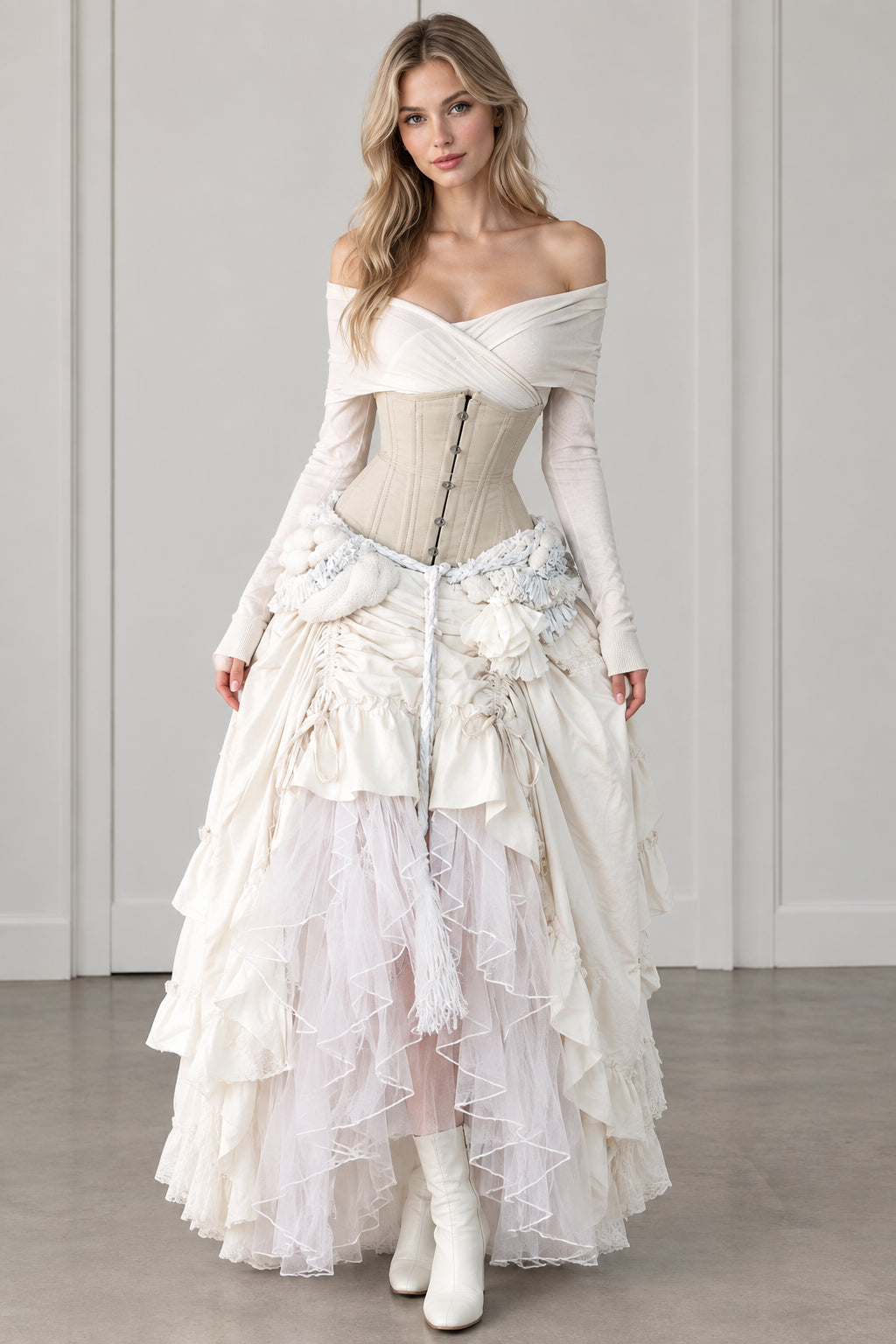 Front view of model wearing ivory off-shoulder corset maxi dress with tiered ruffle skirt