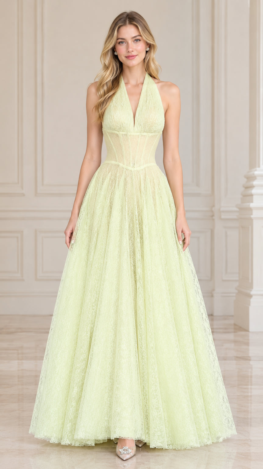Front view of model wearing light yellow halter corset lace evening gown
