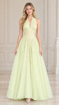 Front view of model wearing light yellow halter corset lace evening gown