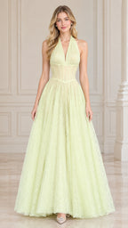 Front view of model wearing light yellow halter corset lace evening gown