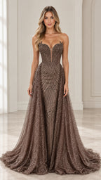Front full-length view of model wearing mocha strapless sequin evening gown with sweetheart plunge neckline and overskirt