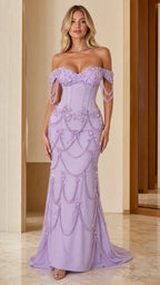 Front view of model wearing lavender off-the-shoulder corset beaded evening gown