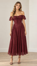 Front view of model wearing a burgundy off-the-shoulder floral lace midi dress