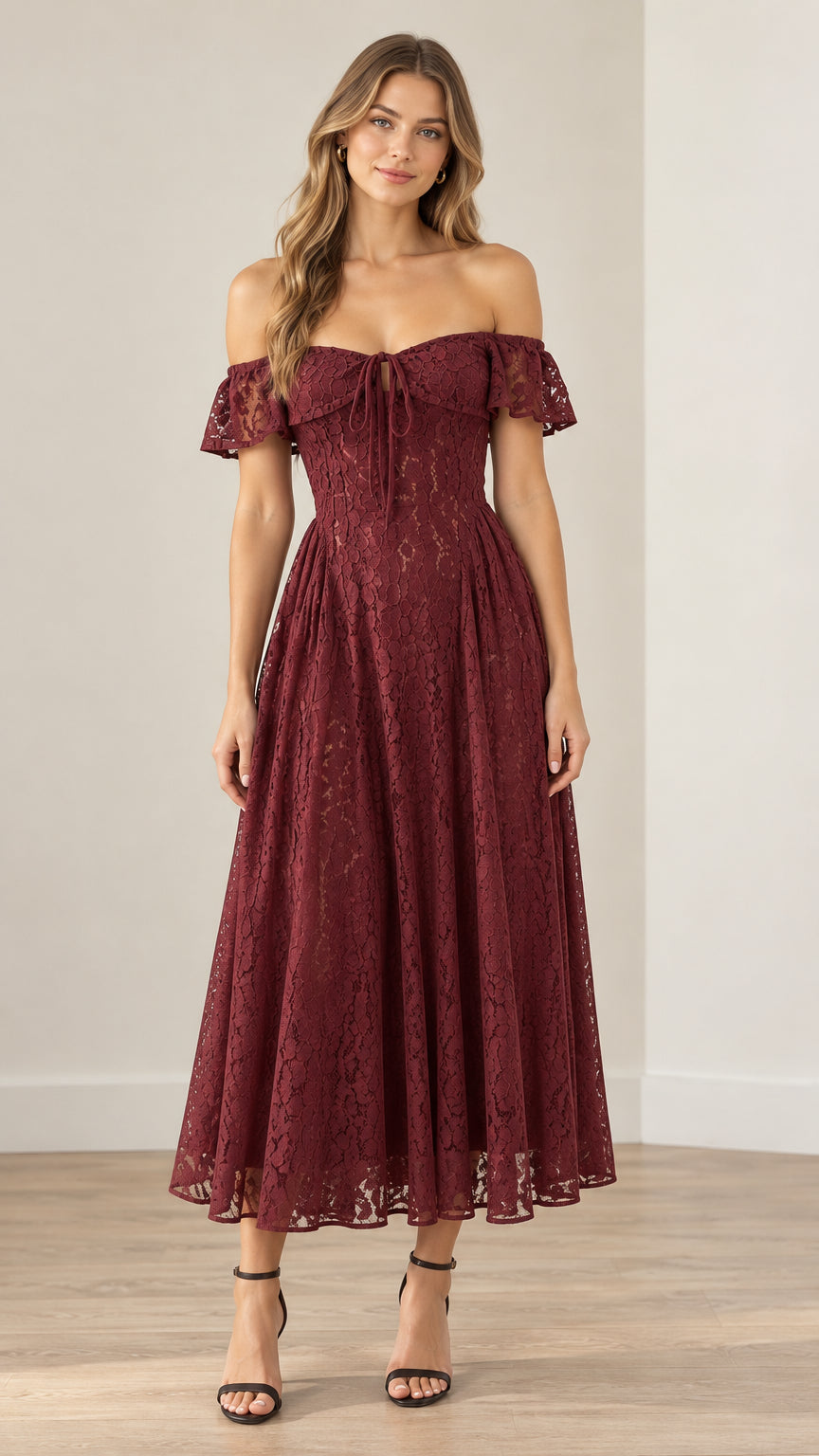 Front view of model wearing a burgundy off-the-shoulder floral lace midi dress