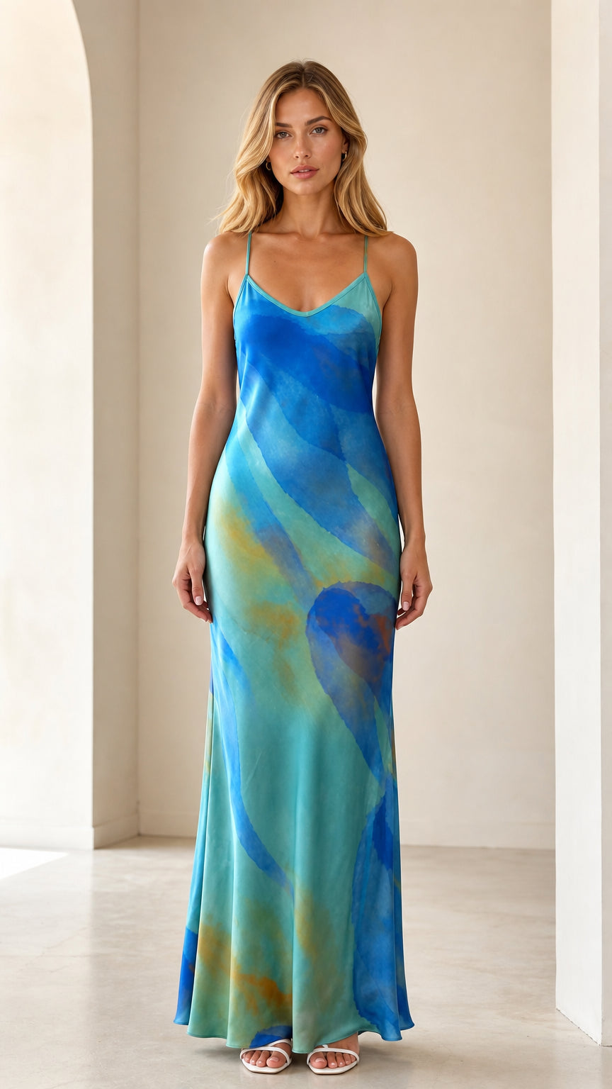 Front view of model wearing aqua blue abstract print satin maxi slip dress