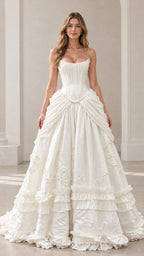 Front view of model wearing ivory strapless corset tiered ruffle ball gown