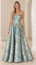 Front full view of light blue strapless floral jacquard ballgown