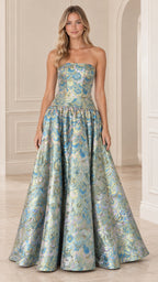 Front full view of light blue strapless floral jacquard ballgown