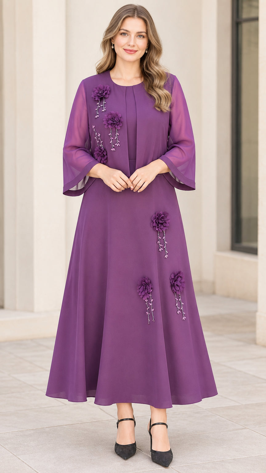 Full front view of woman wearing purple floral appliqué chiffon maxi dress with matching 3/4-sleeve jacket