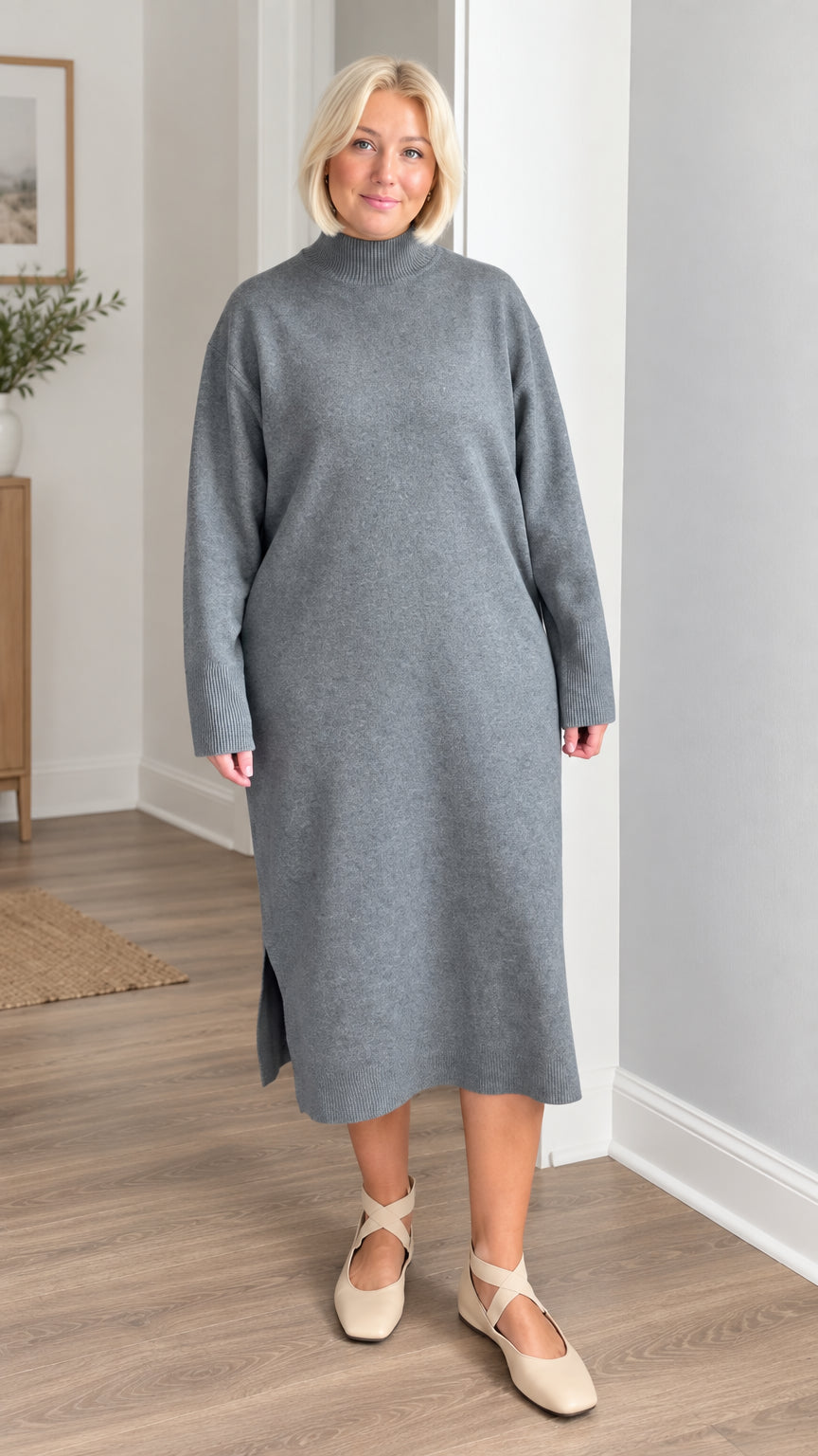Front full view of woman wearing slate grey mock neck knit midi sweater dress