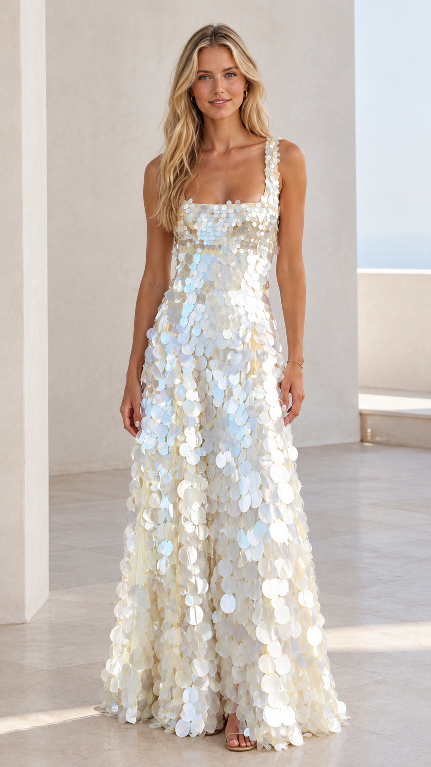 Front full-length view of model wearing white sequin square-neck maxi dress