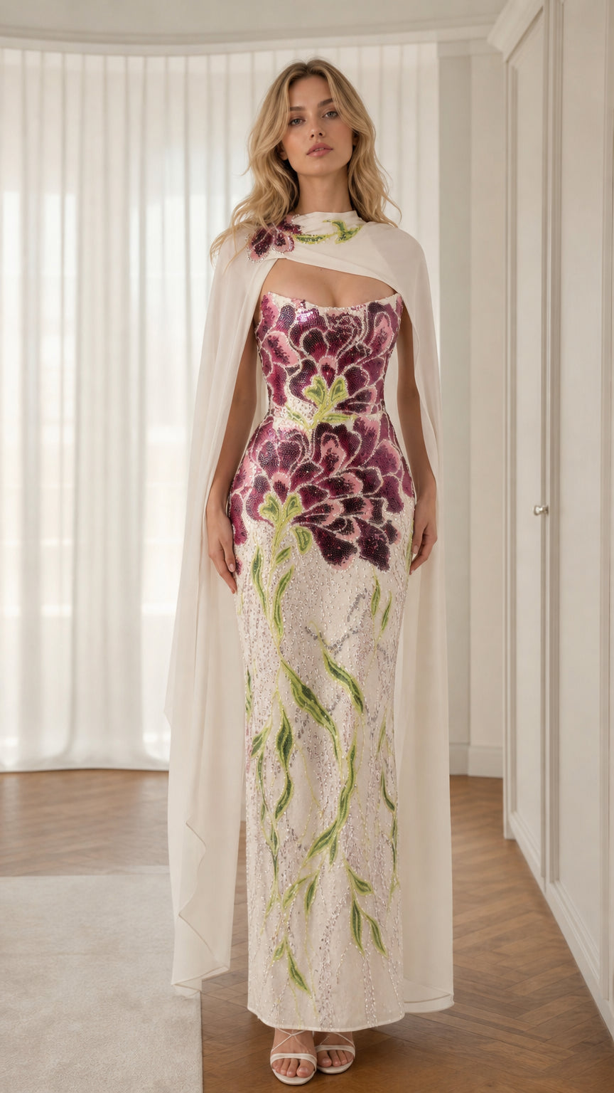 Front full-length view of white floral sequin evening gown with sheer cape overlay