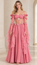 Front view of model wearing pink off-the-shoulder corset evening gown with tiered cascading ruffles