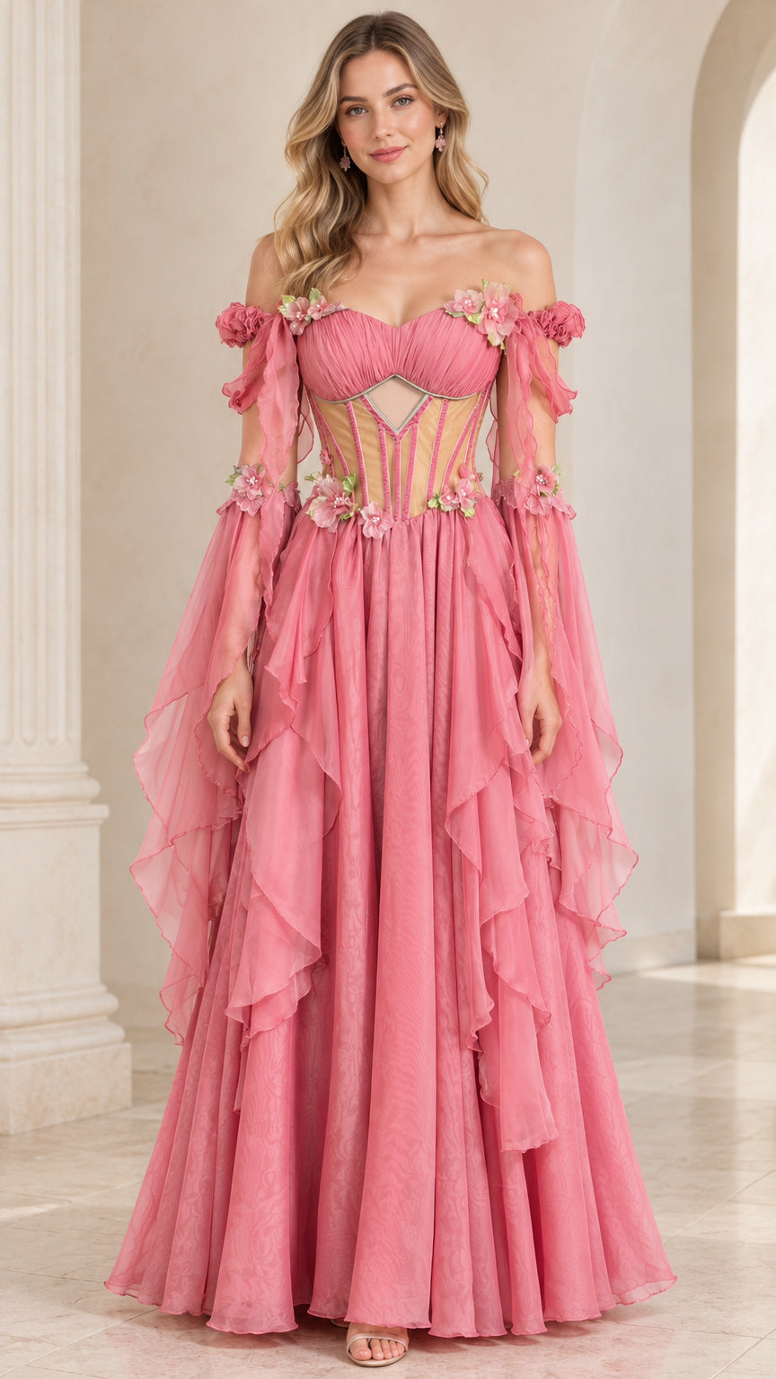 Front view of model wearing pink off-the-shoulder corset evening gown with tiered cascading ruffles