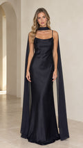 Full front view of black satin sleeveless maxi evening gown with matching neck scarf cape