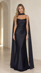 Full front view of black satin sleeveless maxi evening gown with matching neck scarf cape