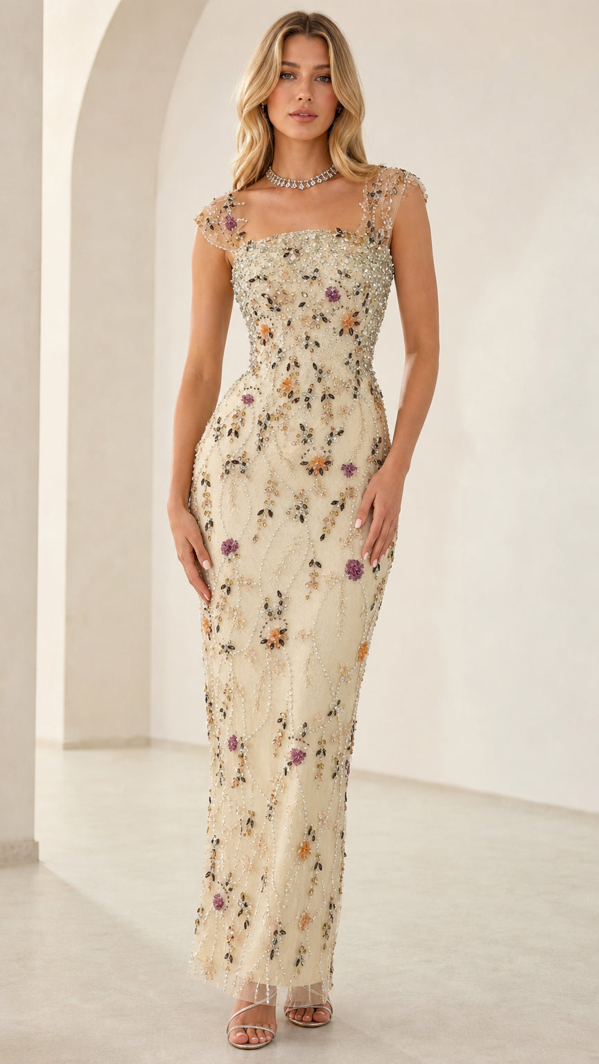 Front view of champagne floral beaded column evening maxi dress on model