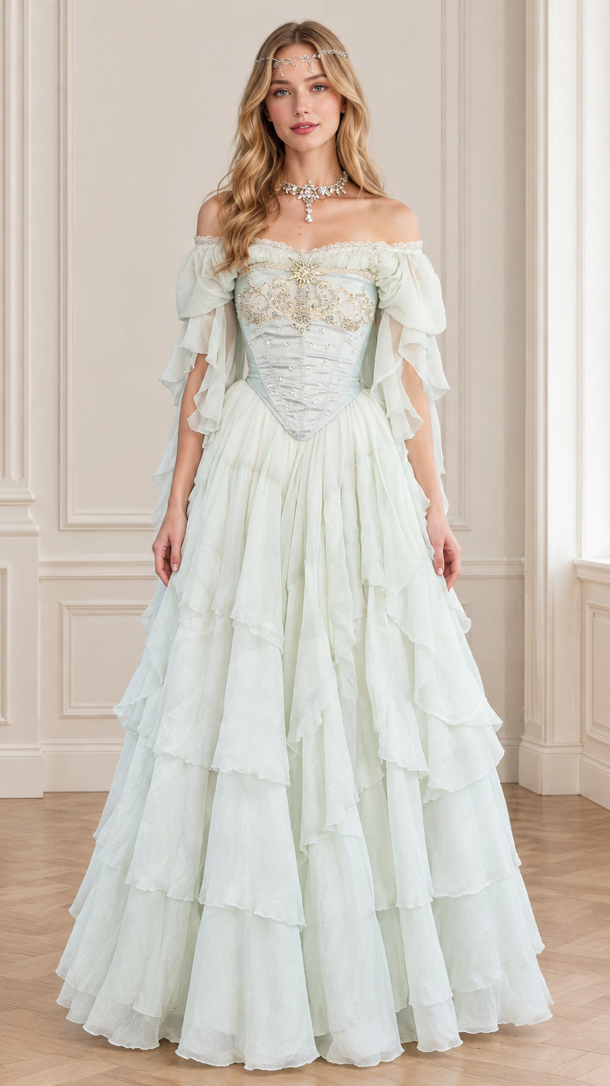 Front view of woman wearing light mint green off-the-shoulder corset tiered ball gown
