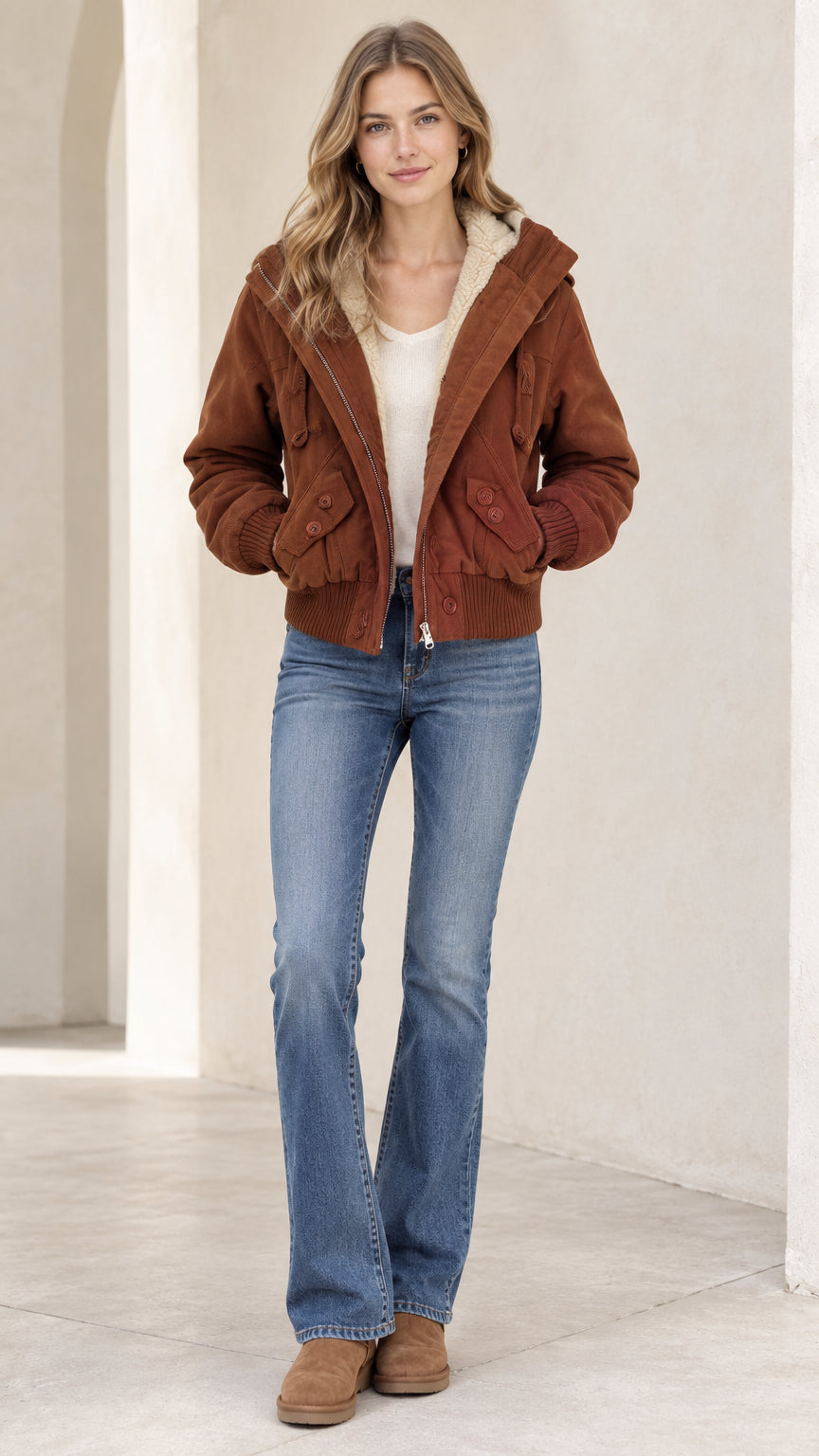 Front view of woman wearing a brown fleece-lined hooded bomber jacket with blue flared jeans