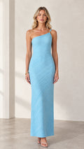 Front full-length view of model wearing light blue one-shoulder textured maxi column dress