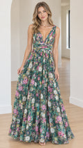 Full front view of model wearing a green floral pleated V-neck sleeveless maxi gown