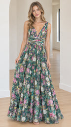 Full front view of model wearing a green floral pleated V-neck sleeveless maxi gown