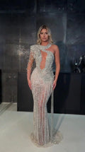Front view of silver one-shoulder cutout sequin evening gown