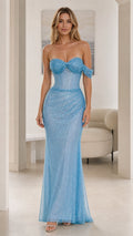 Model wearing sky blue off-the-shoulder glitter corset maxi dress front view