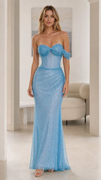 Model wearing sky blue off-the-shoulder glitter corset maxi dress front view
