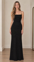 Front full-length view of model wearing black spaghetti strap glitter maxi dress