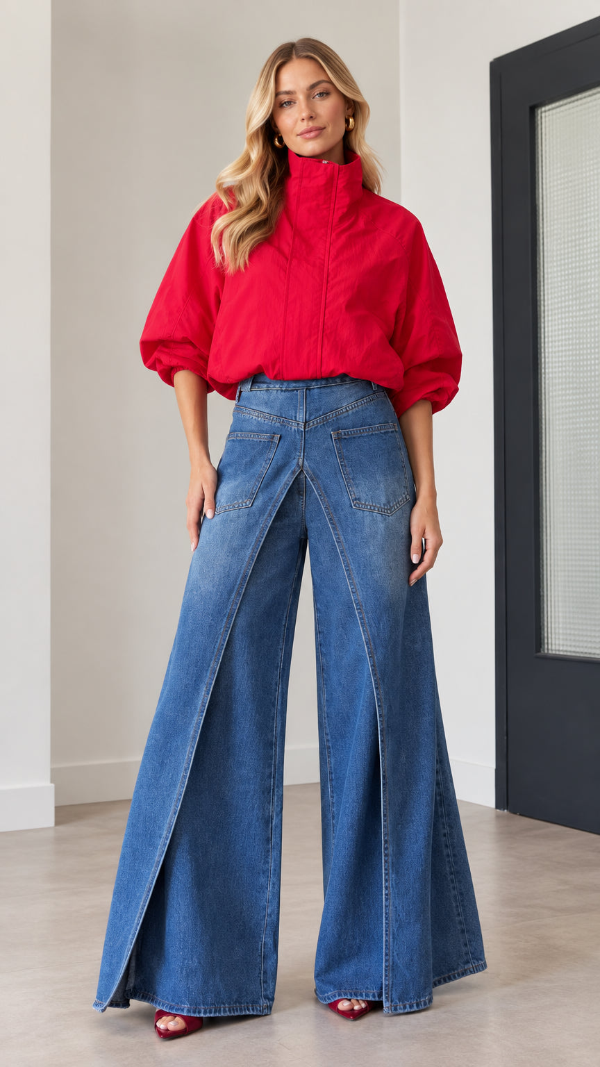 Front view of woman wearing red high-neck windbreaker jacket with overlap wide-leg flared jeans
