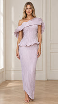 Lilac one-shoulder ruffle peplum top and maxi skirt set front view