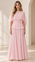 Full front view of women's pink capelet tiered chiffon maxi evening gown