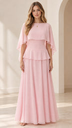 Full front view of women's pink capelet tiered chiffon maxi evening gown