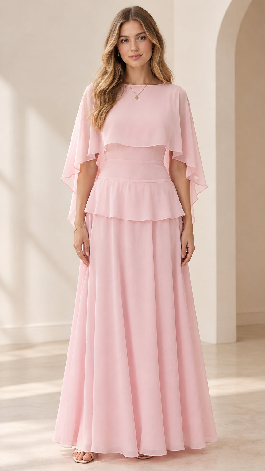 Full front view of women's pink capelet tiered chiffon maxi evening gown