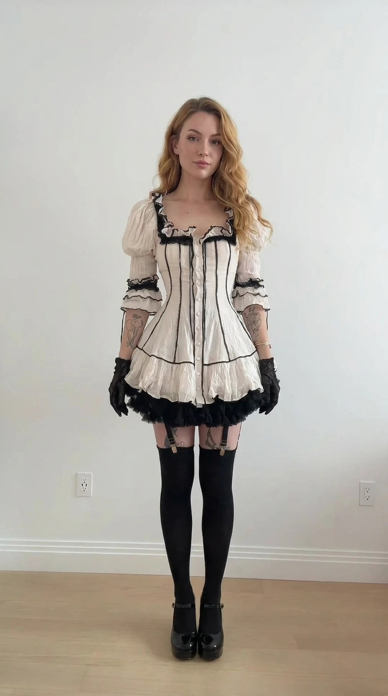 Front view of woman wearing white Gothic Lolita mini dress with black lace trim and corset detailing