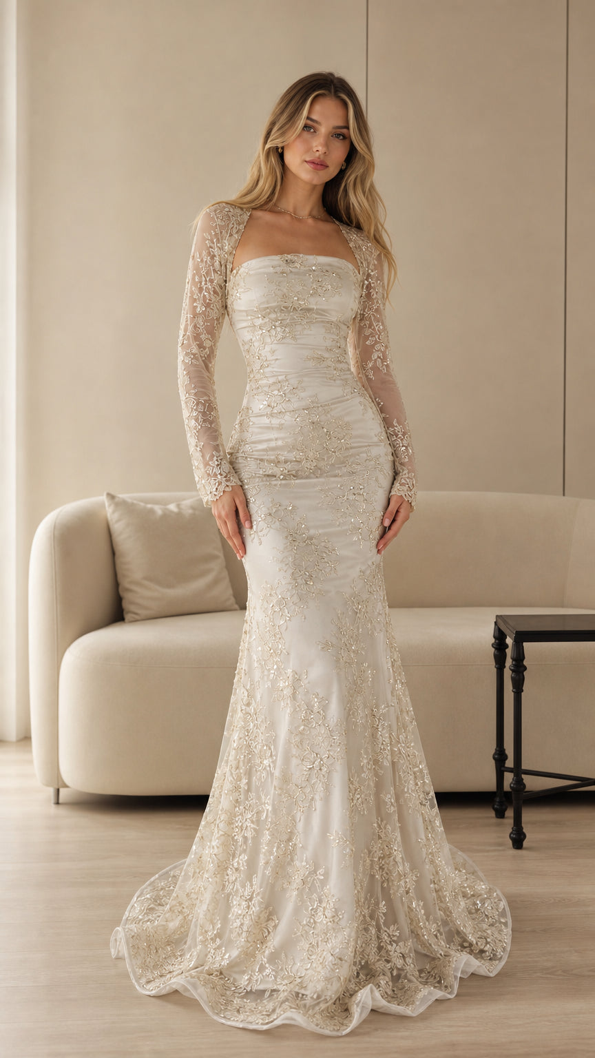Champagne ivory embroidered lace mermaid evening gown with long sleeve bolero front view
