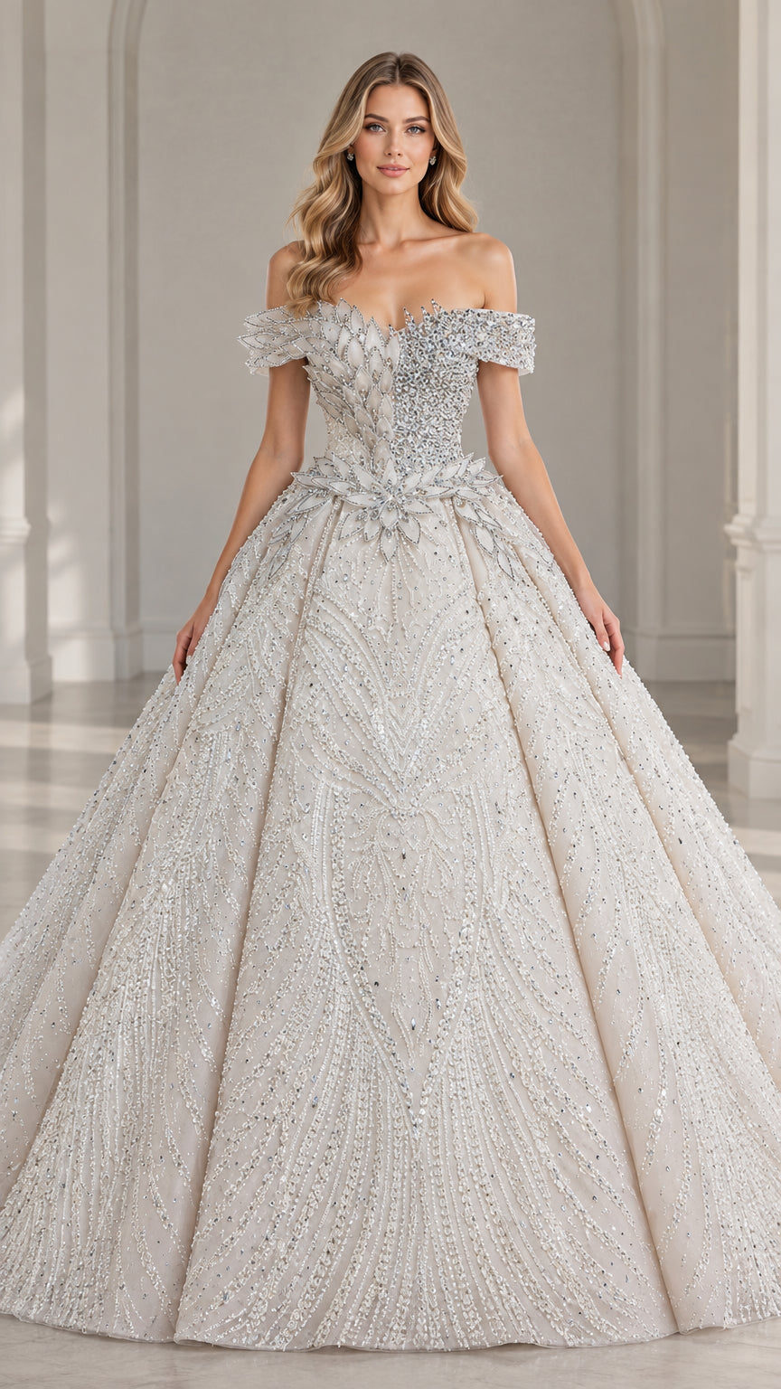 Front view of model wearing off-shoulder beaded champagne ball gown