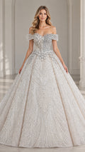 Front view of model wearing off-shoulder beaded champagne ball gown