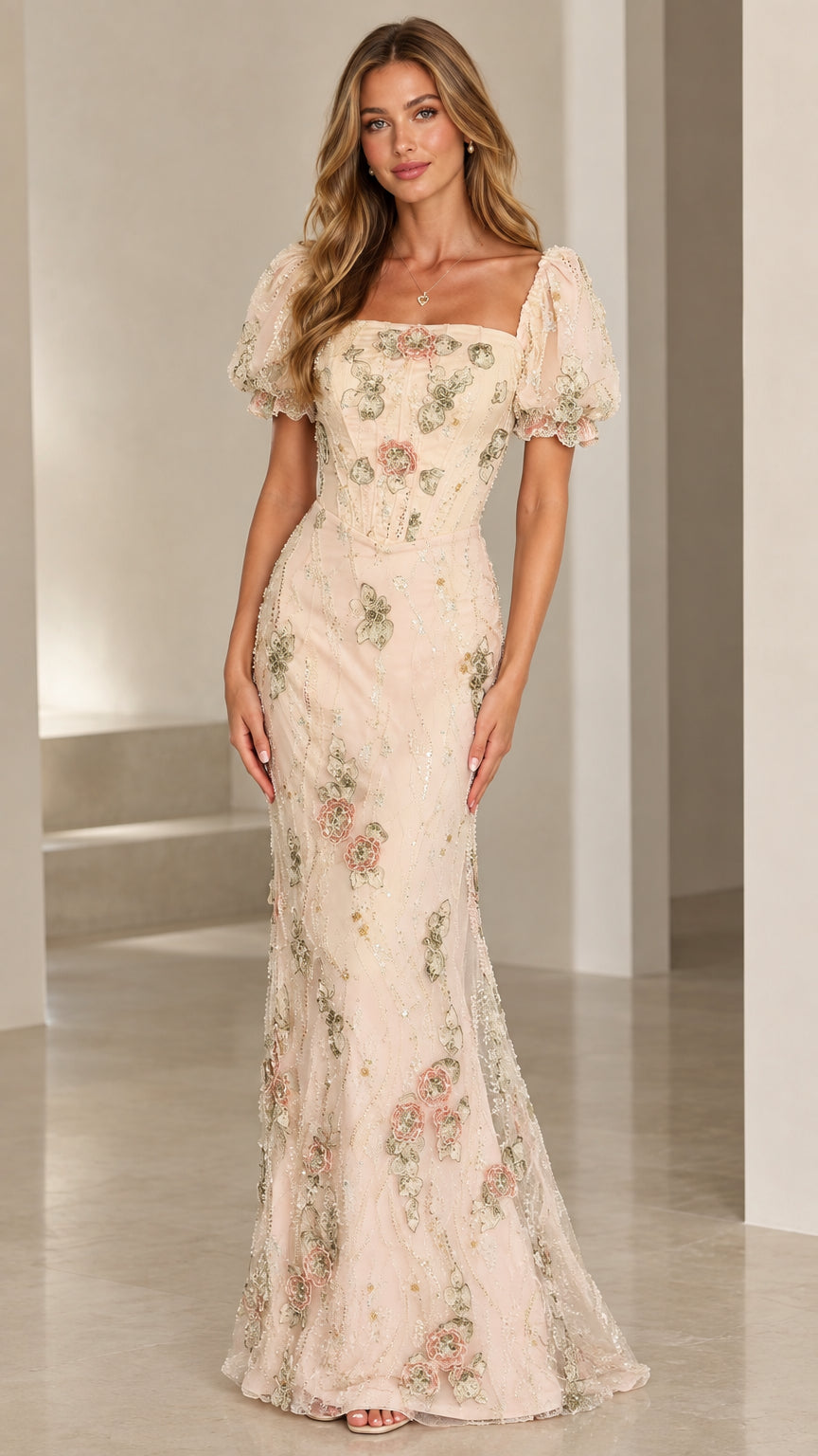 Front view of model wearing Champagne floral embroidered puff sleeve maxi gown