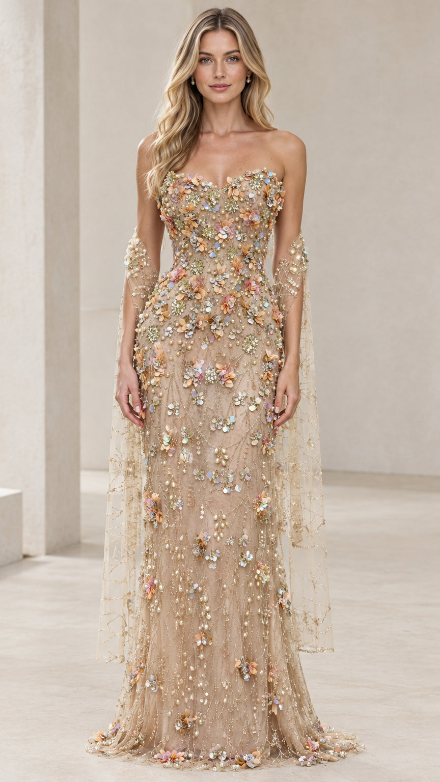 Champagne strapless 3D floral applique evening gown front view with draped tulle sleeves