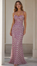Front view of model wearing Fuchsia Pink rhinestone sweetheart maxi evening gown